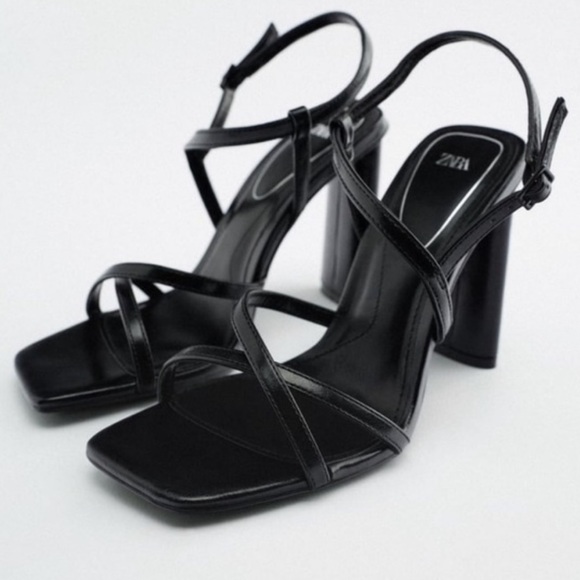 ZARA Black Leather Square Toe Strappy Heels w/ Ankle Strap Size 6 - Picture 1 of 6